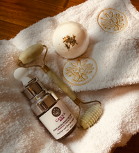 Load image into Gallery viewer, I&#39;ll BRB Spa Collection.  Canadian made Terry Cloth bath wrap and matching headband.  Wholeplant profile Complexion boosting serum with jade roller and your choice of Body relaxation bath bomb.